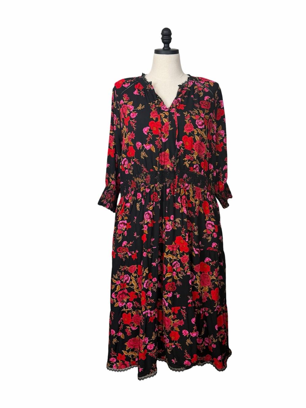 The Pioneer Woman Floral Midi Dress Women’s Size XXL Black Red Boho Cottagecore
